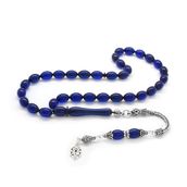 Tesbihane 925 Ayar Gümüş Püsküllü Arpa Kesim Lacivert Sıkma Kehribar Tesbih