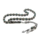 Tesbihane 925 Ayar Gümüş Püsküllü Gümüş Firuze Mine İşlemeli Erzurum Oltu Taşı Tesbih