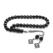 Tesbihane 925 Ayar Gümüş Tuğra Püsküllü Gümüş İşlemeli Küre Kesim Rus Oltu Tesbih