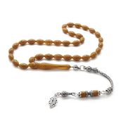 Tesbihane 925 Ayar Tuğra Püsküllü Gümüş İşlemeli Arpa Kesim Sıkma Kehribar Tesbih