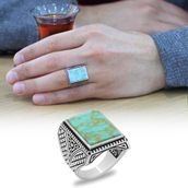 Tesbihane Dikdörtgen Firuze-Turkuaz Taşlı İtalyan Tasarım 925 Ayar Gümüş Erkek Yüzük