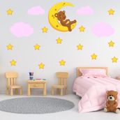 Tilki Dünyası Uyuyan Ayıcık Yıldızlar ve Bulutlar Dekoratif Bebek Çocuk Odası Duvar Stickerı