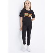 Tommy Life 75038 Oversize Renkli Yazı Baskılı Düşük Omuz O Yaka Siyah Kız Çocuk Crop T-Shirt