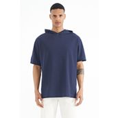 Tommy Life 88179 İndigo Kapüşonlu Kol Etiket Detaylı Oversize Erkek T-Shirt