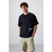 Tommy Life 88322 Lacivert Pamuklu Kalın Yumuşak Dokulu Oversize Fit Baskılı Erkek T-Shirt