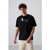 Tommy Life 88344 Siyah Pamuklu Kalin Yumusak Dokulu Oversize Fit Baskili Erkek T-Shirt