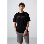 Tommy Life 88345 Siyah Pamuklu Kalın Yumuşak Dokulu Oversize Fit Baskılı Erkek T-Shirt