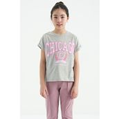 Tommylife 75128 Gri Melanj O Yaka Düşük Omuzlu Rahat Form Kısa Kollu Kız Çocuk T-Shirt