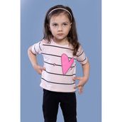 Toontoy Kids Çizgli Kalp Baskılı Taş İşlemeli Pudra Kız Çocuk T-shirt