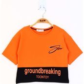 Toontoy Kids Düşük Kol Garni Detaylı Baskılı Turuncu Kız Çocuk T-shirt