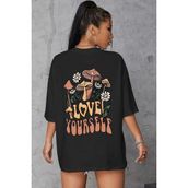 Trendseninle Love Yourself Baskılı Siyah Oversize Kadın T-shirt
