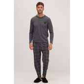 Tudors Erkek Regular Fit Pamuklu Düğmeli Yaka Beli Lastikli Desenli Gri Pijama Takımı