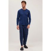 Tudors Erkek Regular Fit Pamuklu Düğmeli Yaka Beli Lastikli Desenli İndigo Pijama Takımı - Indigo