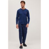Tudors Erkek Regular Fit Pamuklu Düğmeli Yaka Beli Lastikli Desenli İndigo Pijama Takımı
