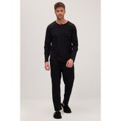 Tudors Erkek Standart Fit %100 Pamuk Bisiklet Yaka Beli Lastikli Siyah Pijama Takımı