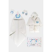 Uğur Taçlı Fil Nakışlı % 100 Organik Pamuklu 0-3 Yaş Bebek 4'lü Kutulu Bornoz Seti - Ekru - 0 - 3 Yaş