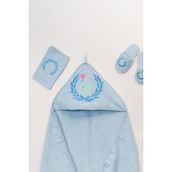 Uğur Taçlı Fil Nakışlı % 100 Organik Pamuklu 0-3 Yaş Bebek 4'lü Kutulu Bornoz Seti - Mavi - 0 - 3 Yaş