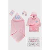 Uğur Taçlı Melek Desenli % 100 Organik Pamuklu 0-3 Yaş Bebek 4'lü Kutulu Bornoz Seti - Pembe - 0 - 3 Yaş