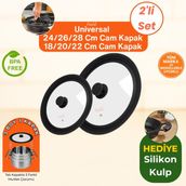 Universal 18/20/22 ve 24/26/28 cm Uyumlu Silikon Kenarlı Tencere&tava Cam Kapağı 2'li Set Silikon Kulp Hediye