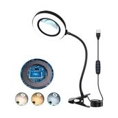 USB Büyüteçli LED Masa Lambası, 3 Renk Modu, Klipsli Tasarım, Esnek Boyun, Doğal Işık, Sıcak Işık, Soğuk Işık