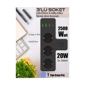 XİRA Akıllı Priz Termal Korumalı 3 Prizli Çoklu Akım Prizi | 3 USB-A + 1 USB-C 2500W 10A PD 20W