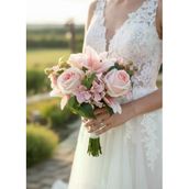 Yapay Çiçek Gelin Çiçeği Buketi Pembe Açık Gül Lilyum Ve Aradal Çiçekleri 40*25Cm