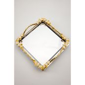 Yaren Style Lüks Kare Çelik Sunum Tepsisi | Gold Renkli Dallı Mineli Çiçekli Ayaklı Paslanmaz Söz Tepsisi 21X21 cm
