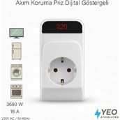 Yeo Aydınlatma Dijital Göstergeli Akım Koruma Prizi - 3680W 16A Voltaj Korumalı Akıllı Priz (Tv, Buzdolabı, Çamaşır Makinesi Uyumlu)