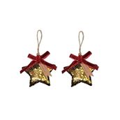 Yılbaşı Ağacı Süsü Yıldız, Altın Pullu, 2'li Set, Kırmızı Kurdele ile, Noel Temalı Asılabilir Dekorasyon 8 cm
