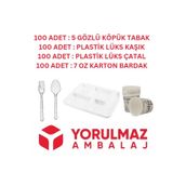 yorulmaz ambalaj 100 Adet Kullan At Toplu Yemek Seti 5 Gözlü Köpük Tabak, Çatal, Kaşık, Karton Bardak