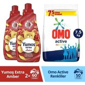 Yumoş Yumuşatıcısı Amber 1440Ml 2Adet Omo Active Fresh Toz Çamaşır Deterjanı Renkliler 7.5Kg 1 Adet