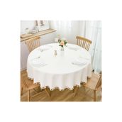 Zeren Home Saçak Püskül Detaylı Sıvı Geçirmez Yuvarlak Masa Örtüsü Beyaz, 180 x 180