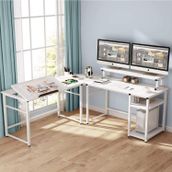 Zizuva Tasarım Beyaz L Model Monitör Raflı Çizim Ve Çalışma Masası Modeli