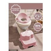 Zuu Baby Kaydırmaz Çift Basamaklı Çocuk Taburesi Ve Kulplu Klozet Tuvalet Alıştırma Adaptörü 2'li Set Pembe