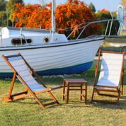 Akbrella 2 Kişilik Kumaşlı Sandalye Tip Katlanır Fırınlanmış Kayın Şezlong Sehpa Seti