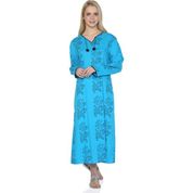 Eliş Şile Bezi Zambak Desen Turkuaz Uzun Kol Kadın Elbise