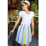 Saygı S-18Y3080025 Kadın Sarı Beli Lastikli Astarlı Viskon Emprime Çizgili Etek