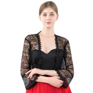 ACVIP Önü Açık 3/4 Kol Omuz Hırka Akşam Düğün Parti Dantel Hırka Göbeği Açık Üst One Size Siyah Kadın Bolero