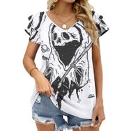 AILLOSA CGF-01 V Yakalı Fırfırlı Baskılı Kadın T-shirt