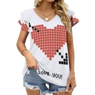 AILLOSA CGF-04 V Yakalı Fırfırlı Baskılı Kadın T-shirt