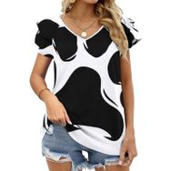 AILLOSA CGF-05 V Yakalı Fırfırlı Baskılı Kadın T-shirt