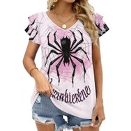 AILLOSA CGF-06 V Yakalı Fırfırlı Baskılı Kadın T-shirt