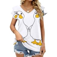 AILLOSA CGF-09 V Yakalı Fırfırlı Baskılı Kadın T-shirt