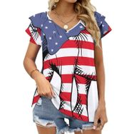 AILLOSA FLAG-01 V Yakalı Fırfırlı Baskılı Kadın T-shirt