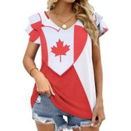 AILLOSA FLAG-04 V Yakalı Fırfırlı Baskılı Kadın T-shirt