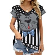 AILLOSA FLAG-05 V Yakalı Fırfırlı Baskılı Kadın T-shirt