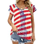 AILLOSA FLAG-06 V Yakalı Fırfırlı Baskılı Kadın T-shirt