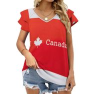 AILLOSA FLAG-07 V Yakalı Fırfırlı Baskılı Kadın T-shirt