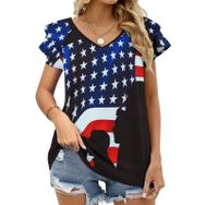 AILLOSA FLAG-08 V Yakalı Fırfırlı Baskılı Kadın T-shirt