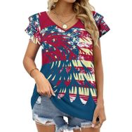 AILLOSA FLAG-09 V Yakalı Fırfırlı Baskılı Kadın T-shirt